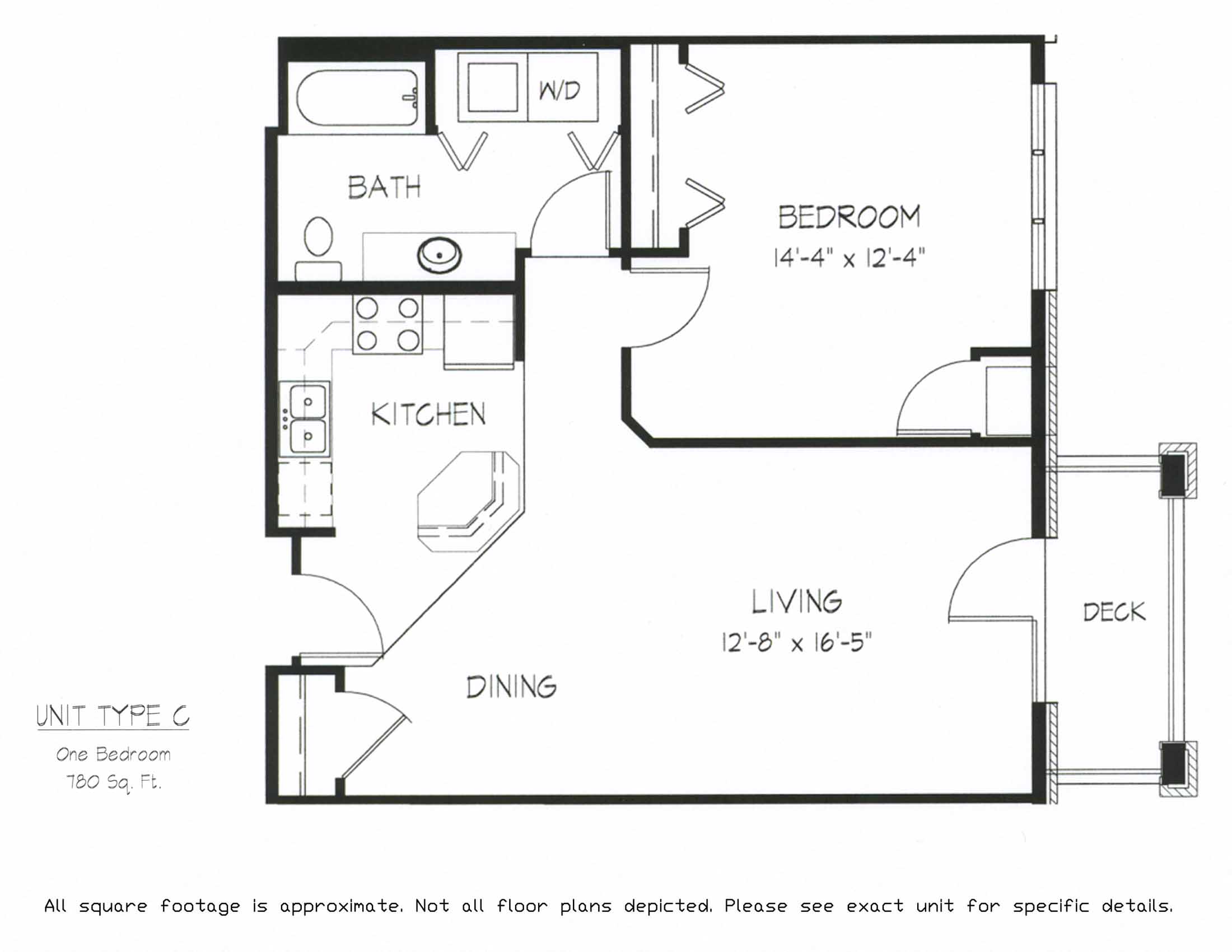 Floor plan for 1 bed, 1 bath, 780 sqft
